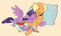 Size: 5181x3091 | Tagged: safe, artist:chub-wub, applejack, spike, twilight sparkle, alicorn, dragon, earth pony, pony, g4, absurd resolution, blushing, cuddle puddle, cuddling, cute, eyes closed, female, freckles, horn, hug, jackabetes, lying down, male, mare, on back, onomatopoeia, open mouth, pillow, pony pile, sleeping, smiling, snot bubble, sound effects, spikabetes, trio, twiabetes, twilight sparkle (alicorn), wings, zzz