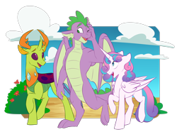 Size: 5724x4253 | Tagged: safe, artist:chub-wub, princess flurry heart, spike, thorax, alicorn, changedling, changeling, dragon, pony, g4, cloud, female, folded wings, king thorax, male, mare, older, older flurry heart, older spike, one eye closed, open mouth, open smile, raised hoof, redraw, simple background, sky, smiling, transparent background, trio, winged spike, wings