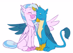 Size: 4637x3378 | Tagged: safe, artist:chub-wub, gallus, silverstream, classical hippogriff, griffon, hippogriff, g4, blushing, colored hooves, cuddling, cute, diastreamies, duo, duo male and female, eyes closed, female, folded wings, gallabetes, hooves, hug, interspecies, jewelry, male, necklace, nuzzling, ship:gallstream, shipping, simple background, sitting, smiling, straight, tail, white background, winghug, wings