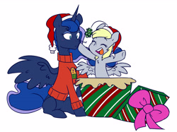 Size: 5160x3853 | Tagged: safe, artist:chub-wub, derpy hooves, princess luna, alicorn, pegasus, pony, g4, blushing, boop, bow, christmas, christmas sweater, clothes, duo, duo female, eyes closed, female, hat, holiday, horn, lesbian, mare, mistletoe, open mouth, open smile, present, santa hat, ship:lunaderp, shipping, simple background, smiling, spread wings, sweater, white background, wings