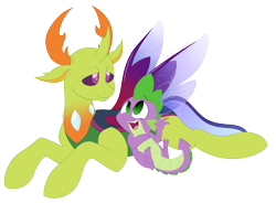 Size: 4519x3326 | Tagged: safe, artist:chub-wub, spike, thorax, changedling, changeling, dragon, g4, my little pony: friendship is magic, to where and back again, duo, duo male, king thorax, looking at each other, looking at someone, male, open mouth, open smile, simple background, smiling, smiling at each other, transparent background