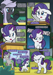 Size: 1920x2715 | Tagged: safe, artist:alexdti, rarity, oc, oc:freako, oc:penumbra shard, pony, unicorn, comic:how we met (italian), g4, comic, crying, desk, female, filly, filly rarity, foal, horn, italian, purple mane, speech bubble, younger