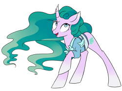 Size: 4926x3667 | Tagged: safe, artist:chub-wub, mistmane, pony, unicorn, campfire tales, g4, my little pony: friendship is magic, clothes, curved horn, female, horn, long mane, looking up, mare, open mouth, open smile, raised hoof, simple background, smiling, solo, transparent background, young mistmane