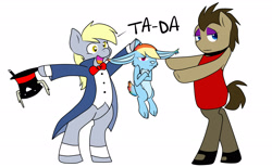 Size: 2761x1699 | Tagged: safe, artist:chub-wub, derpy hooves, doctor whooves, rainbow dash, time turner, rabbit, g4, animal, bunnified, bunny out of the hat, choker, clothes, crossdressing, cuffs (clothes), dialogue, dress, hat, magic trick, magic wand, magician, rabbit dash, simple background, species swap, top hat, white background