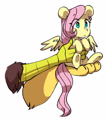 Size: 3665x4104 | Tagged: safe, artist:chub-wub, discord, fluttershy, draconequus, pegasus, pony, g4, cute, duo, duo male and female, female, high res, holding a pony, it's dangerous to go alone, male, mare, offscreen character, shyabetes, simple background, smol, solo focus, underhoof, white background, wings