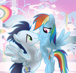 Size: 1280x1225 | Tagged: safe, artist:soarindasher10, rainbow dash, soarin', pegasus, pony, g4, female, looking at each other, looking at someone, male, mare, outdoors, ship:soarindash, shipping, smiling, smiling at each other, stallion, straight