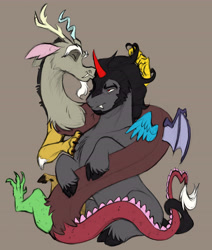 Size: 5112x6026 | Tagged: safe, artist:chub-wub, discord, king sombra, draconequus, pony, unicorn, g4, a better ending for sombra, absurd resolution, cuddling, cute, daaaaaaaaaaaw, duo, duo male, eyes closed, facial hair, fangs, gay, goatee, gray background, horn, hug, male, missing cutie mark, shipping, simple background, sombracord, stallion, unshorn fetlocks, what if