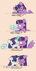 Size: 2744x5440 | Tagged: safe, artist:chub-wub, rarity, twilight sparkle, alicorn, pony, unicorn, g4, 4 panel comic, bedroom eyes, blushing, book, comic, cute, duo, duo female, eye contact, eyes closed, female, glasses, glowing, glowing horn, horn, kissing, lesbian, levitation, looking at each other, looking at someone, looking at something, magic, magic aura, mare, raribetes, reading, ship:rarilight, shipping, spread wings, telekinesis, twiabetes, twilight sparkle (alicorn), wingboner, wings