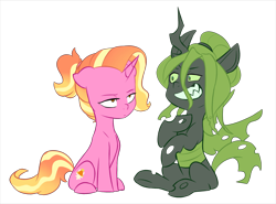 Size: 1280x945 | Tagged: safe, artist:chub-wub, luster dawn, oc, oc:wisteria, changeling, changeling queen, pony, unicorn, fanfic:product of friendship, g4, black and green, changeling oc, changeling queen oc, duo, duo female, fanfic art, female, female oc, filly, floppy ears, foal, green changeling, horn, looking at each other, looking at someone, luster dawn is not amused, raised hoof, simple background, sitting, transparent background, unamused, unicorn oc