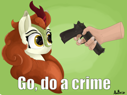 Size: 3899x2895 | Tagged: safe, artist:aubs, autumn blaze, kirin, pony, g4, disembodied hand, female, go do a crime, gun, hand, handgun, mare, newbie artist training grounds, pistol, solo