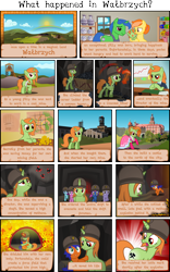 Size: 4844x7785 | Tagged: safe, artist:deyrasd, oc, oc:coalminer, pony, unicorn, absurd resolution, bloodshot eyes, castle, clothes, comic, dress, explosion, female, filly, foal, hard hat, hat, horn, magic, male, mare, methane, mine, miner, pickaxe, poland, polish flag, rainbow, red eyes, stallion, wałbrzych