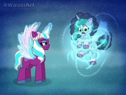 Size: 6000x4500 | Tagged: safe, artist:alejandrogmj, artist:wasisi, misty brightdawn, opaline arcana, alicorn, pony, unicorn, g5, ascension, ascension realm, glowing, glowing horn, glowing wings, horn, wings