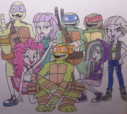 Size: 1569x1404 | Tagged: safe, artist:jebens1, artist:rjp.rammy, limestone pie, marble pie, maud pie, pinkie pie, equestria girls, g4, donatello, leonardo, michelangelo, pie sisters, raphael, siblings, sisters, teenage mutant ninja turtles