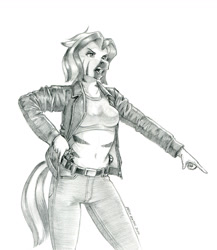 Size: 1130x1300 | Tagged: safe, artist:baron engel, oc, oc only, oc:two tone, zebra, anthro, bare midriff, belly, belly button, clothes, denim, female, gun, handgun, jacket, jeans, leather, leather jacket, monochrome, pants, pencil drawing, pistol, pointing, simple background, solo, story included, tank top, traditional art, weapon, white background