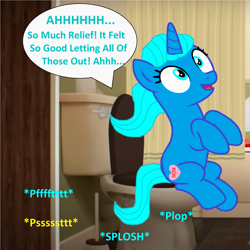 Size: 2512x2512 | Tagged: safe, artist:memeartboi, pony, unicorn, g4, ahhh, bathroom, but why, female, heart, heart cutiemark, horn, imminent flush, implied farting, implied peeing, implied pissing, implied pooping, implied urination, implied urine, indoors, mare, massive, mother, nicole watterson, onomatopoeia, plop, ponified, relieved, sitting, sitting on toilet, solo, sound effects, speech bubble, text, the amazing world of gumball, toilet, toilet humor, toilet paper, unicorn horn