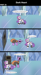 Size: 1920x3516 | Tagged: safe, artist:platinumdrop, princess flurry heart, oc, alicorn, pony, unicorn, comic:dark heart, g4, 3 panel comic, alternate timeline, armor, bowing, clothes, collar, comic, commission, crystal, crystal castle, crystal empire, dark crystal, dialogue, duo, duo male and female, evil, evil flurry heart, eye scar, eyepatch, facial scar, female, folded wings, hallway, horn, indoors, looking at each other, looking at someone, male, mare, older, older flurry heart, robe, scar, smiling, smug, smug smile, speech bubble, spiked collar, spiked wristband, stallion, this will not end well, victorious villain, walking, wings, wristband