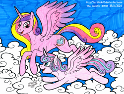 Size: 4277x3242 | Tagged: safe, artist:artistnjc, princess cadance, princess flurry heart, alicorn, pony, g4, cloud, collarbone, colored, concave belly, duo, duo female, family, female, filly, filly flurry heart, flying, foal, happy, having fun, mare, mother and child, mother and daughter, older, older flurry heart, parent and child, sky, spread wings, sternocleidomastoid, traditional art, wings