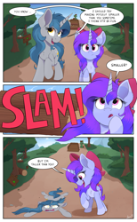 Size: 1849x3000 | Tagged: safe, artist:arcane-thunder, oc, oc only, oc:arcane thunder, oc:qular, pony, unicorn, bow, cartoon physics, comic, dialogue, english, female, flattened, hair bow, horn, log, mare, onomatopoeia, outdoors, rule 63, speech bubble, tail, tail bow, text, unicorn oc