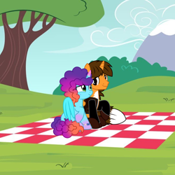 Size: 1080x1080 | Tagged: safe, artist:punkieprimeape1, misty brightdawn, oc, oc:ej, alicorn, pony, unicorn, g4, g5, canon x oc, date, female, g5 to g4, generation leap, horn, male, outdoors, picnic, picnic blanket, rebirth misty, straight, tree