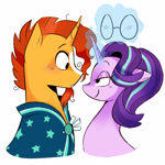 Size: 2000x2000 | Tagged: artist needed, source needed, safe, starlight glimmer, sunburst, pony, unicorn, g4, duo, duo male and female, female, glasses, horn, looking at each other, looking at someone, male, mare, original art, ship:starburst, shipping, simple background, stallion, straight, white background