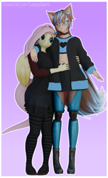 Size: 2339x3840 | Tagged: safe, artist:cappyadams, fluttershy, oc, oc:arnas atakiyo (cappyadams), anthro, plantigrade anthro, g4, 3d, blender, blender eevee, canon x oc, clothes, duo, goth, gradient background, neko, passepartout, ship:shytakiyo, shipping