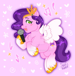 Size: 1280x1303 | Tagged: safe, artist:nullkunst, artist:nullkunstt, pipp petals, pegasus, pony, g5, deviantart watermark, female, flying, mare, microphone, music notes, obtrusive watermark, signature, singing, solo, watermark