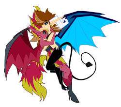 Size: 4300x3800 | Tagged: safe, artist:vitaltoast, derpibooru exclusive, sunset shimmer, oc, oc:flamera, demon, human, equestria girls, g4, black sclera, canon x oc, cuddling, demon form, demon horns, demon wings, devil tail, duo, fangs, female, flameset, horns, hug, humanized, lesbian, sharp teeth, shipping, simple background, slit pupils, smiling, sunset satan, tail, teeth, transparent background, wings