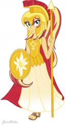 Size: 791x1536 | Tagged: safe, artist:jenna56, sunset shimmer, human, equestria girls, g4, athena, greek mythology, helmet, shield, simple background, solo, spear, weapon, white background