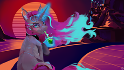 Size: 2560x1440 | Tagged: safe, artist:krapinkaius, oc, oc only, bat pony, bat pony unicorn, hybrid, pony, unicorn, bat pony oc, canterlot, choker, commission, cyberpunk, drink, drinking, ear piercing, ear tufts, earring, error, flowing mane, glasses, glitch, grid, horn, jewelry, looking at you, magic, mountain, piercing, retrowave, road, scenery, shutter shades, sitting, straw, sun, sunglasses, sunset, synthwave, telekinesis, unicorn oc