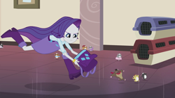 Size: 1280x720 | Tagged: safe, screencap, curtis pawpower, rarity, hamster, human, equestria girls, g4, hamstocalypse now, animal shelter, backpack, belt, boots, cage, chase, clothes, female, high heel boots, indoors, running, running away, scarf, shirt, shoes, skirt