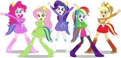 Size: 1280x620 | Tagged: safe, editor:amadondawn, applejack, fluttershy, pinkie pie, rainbow dash, rarity, equestria girls, g4, belt, boots, clothes, cowboy boots, cowboy hat, hat, high heel boots, mane five, polka dot socks, shirt, shoes, simple background, skirt, socks, transparent background