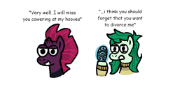 Size: 1300x650 | Tagged: safe, artist:zoeyhorse, part of a set, fizzlepop berrytwist, tempest shadow, wallflower blush, earth pony, pony, unicorn, g4, broken horn, bust, dialogue, divorce, equestria girls ponified, female, hoof hold, horn, lidded eyes, mare, memory stone, narrowed eyes, ponified, simple background, white background