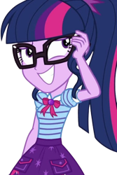 Size: 1686x2520 | Tagged: safe, edit, edited screencap, editor:mrtoonlover83, screencap, sci-twi, twilight sparkle, human, equestria girls, equestria girls specials, g4, my little pony equestria girls: rollercoaster of friendship, <:), background removed, bow, clothes, cutie mark on clothes, female, geode of telekinesis, glasses, jewelry, looking up, magical geodes, nervous, nervous smile, not a vector, pendant, pocket, polo shirt, ponytail, purple skirt, sci-twi skirt, sheepish grin, simple background, smiling, solo, teeth, transparent background