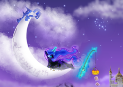 Size: 3200x2262 | Tagged: safe, artist:paajbach, artist:wojtek-ツ, color edit, derpibooru exclusive, edit, nightmare moon, alicorn, pony, mlp fim's fourteenth anniversary, g4, candy, canterlot castle, chewing, cloud, collaboration, colored, crescent moon, eating, ethereal mane, female, flowing mane, flowing tail, food, glowing, glowing eyes, glowing horn, halloween, holiday, horn, mare, moon, nightmare night, no armor, outdoors, partially open wings, pumpkin bucket, resting, signature, slit pupils, starry mane, starry night, starry tail, tail, tangible heavenly object, wings