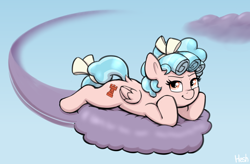 Size: 3140x2060 | Tagged: safe, artist:heretichesh, cozy glow, pegasus, pony, g4, butt, cloud, cozybetes, cute, dark nimbus, dragon ball, female, filly, flying, foal, high res, hoof on chin, kinto'un, looking at you, lying down, lying on a cloud, on a cloud, outdoors, plot, prone, signature, smiling, smiling at you, solo, sploot