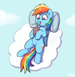 Size: 1764x1797 | Tagged: safe, artist:heretichesh, rainbow dash, pegasus, pony, g4, cloud, crazy straw, cute, dashabetes, drink, drinking, drinking straw, female, hoof hold, lying down, lying on a cloud, mare, on a cloud, on back, onomatopoeia, pillow, signature, slurp, smoothie, solo