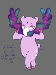 Size: 957x1280 | Tagged: safe, artist:jhonnyul, nidra (tfh), tapir, them's fightin' herds, bipedal, chubby, cloven hooves, community related, dialogue, double peace sign, dream, female, gray background, makeup, peace sign, simple background, sleeping, solo, tail, tail wag, text, tongue out, wet dream