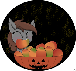 Size: 1772x1670 | Tagged: safe, artist:sane_marbles, derpibooru exclusive, oc, oc only, bat pony, pony, mlp fim's fourteenth anniversary, ^^, bat pony oc, biting, blushing, bowl, clothes, costume, eyes closed, female, filly, foal, food, halloween, happy, holiday, mango, mouth hold, night, night sky, nightmare night, nightmare night costume, outdoors, signature, sky, smiling, solo, stars, trick or treat, vampire costume, watermark