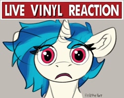 Size: 1084x863 | Tagged: safe, artist:reddthebat, dj pon-3, vinyl scratch, pony, unicorn, g4, bust, ear fluff, eye clipping through hair, eyebrows, eyebrows visible through hair, female, floppy ears, frown, gray background, horn, live tucker reaction, looking at you, mare, meme, missing accessory, no glasses, open mouth, signature, simple background, solo