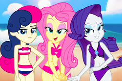 Size: 2451x1642 | Tagged: safe, alternate version, artist:rosasmitt, bon bon, fluttershy, rarity, sweetie drops, human, equestria girls, g4, beach, bedroom eyes, bikini, clothes, female, grin, open mouth, open smile, outdoors, seductive, sexy, smiling, swimsuit, trio, trio female