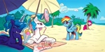 Size: 1920x960 | Tagged: safe, artist:kp-shadowsquirrel, pinkie pie, princess celestia, princess luna, rainbow dash, alicorn, earth pony, pegasus, pony, g4, beach, beach towel, beach umbrella, book, celestia is not amused, cocktail umbrella, drink, drip, food, frisbee, frog (hoof), hooves behind head, i can't believe it's not idw, ice cream, ice cream cone, laughing, lemon, outdoors, palm tree, princess luna is amused, spilled drink, this will end in a trip to the moon, tree, unamused, underhoof