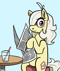 Size: 1613x1900 | Tagged: safe, artist:smirk, oc, oc:mutter butter, indoors, judging, newspaper, simple background, solo, stool, straw, table