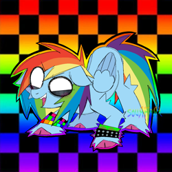 Size: 1280x1280 | Tagged: safe, artist:s0ur_fart6969, rainbow dash, pegasus, pony, g4, abstract background, ass up, blank eyes, blush lines, blushing, checkered background, cloven hooves, emo, eye clipping through hair, eyebrows, eyebrows visible through hair, fangs, female, fluffy, folded wings, implied lesbian, lidded eyes, mare, open mouth, open smile, outline, pixel-crisp art, rainbow background, rainbow wristband, scemo, scene, smiling, solo, spiked wristband, unshorn fetlocks, watermark, wings, wristband