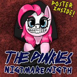 Size: 2000x2000 | Tagged: safe, artist:mano_m, pinkie pie, earth pony, pony, mlp fim's fourteenth anniversary, g4, album cover, album parody, bust, clothes, crossed arms, female, looking at you, makeup, mare, misfits, misspelling, punk, robe