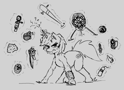 Size: 1354x987 | Tagged: safe, artist:pencilfriend, oc, oc only, oc:littlepip, pony, unicorn, fallout equestria, angry, assault rifle, balefire bomb, baseball bat, drawpile, dynamite, explosives, female, grenade, gun, handgun, horn, knife, looking at you, magic, magic aura, memory orb, minigun, monochrome, pipbuck, pointing gun, revolver, rifle, rock, shotgun, simple background, sketch, sniper, sniper rifle, solo, sweat, threatening, weapon