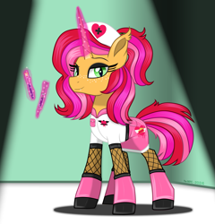 Size: 2103x2195 | Tagged: safe, artist:the_mpc, oc, oc only, oc:strawberry filling, bat pony, bat pony unicorn, hybrid, pony, unicorn, bat pony hybrid, bedroom eyes, boots, clothes, concave belly, dark room, eyelashes, eyeshadow, fishnet clothing, fishnet stockings, hat, horn, latex, latex boots, looking at you, looking down, looking down at you, makeup, needle, nurse, nurse hat, nurse outfit, pockets, pose, seductive, seductive look, seductive pose, shoes, skirt, slender, socks, solo, spotlight, stockings, syringe, test tube, thigh highs, thin