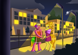 Size: 4961x3508 | Tagged: safe, artist:haruh_ink, adagio dazzle, oc, oc:peach cobbler, anthro, unguligrade anthro, g4, collar, holding hands, nervous, night, outdoors, street