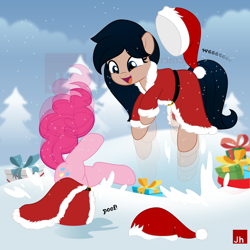 Size: 1000x1000 | Tagged: safe, artist:jhayarr23, pinkie pie, oc, oc:crescend cinnamon, pony, christmas, hat, holiday, motion blur, outdoors, santa hat, snow, watermark