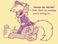 Size: 4040x3072 | Tagged: safe, artist:catponything, derpy hooves, pegasus, pony, g4, :p, bubble butt, butt, clothes, confused, dialogue, dock, drink, embarrassed, female, flank, food, hat, mailmare, mare, muffin, nose wrinkle, package, rear view, scrunchy face, sitting, solo, sweater, tail, tongue out