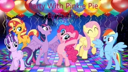 Size: 1280x720 | Tagged: safe, artist:alex s., artist:user15432, fluttershy, pinkie pie, rainbow dash, starlight glimmer, sunset shimmer, twilight sparkle, alicorn, earth pony, pegasus, pony, unicorn, g4, balloon, dance floor, dance party, dancing, disco ball, eyes closed, horn, indoors, lights, open mouth, open smile, party, party with pinkie, smiling, twilight sparkle (alicorn)